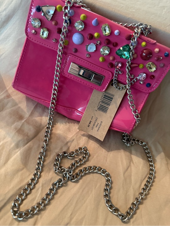 Steve Madden Handbags - Steve Madden Hot Pink Jeweled Patent Crossbody with Silver Chain